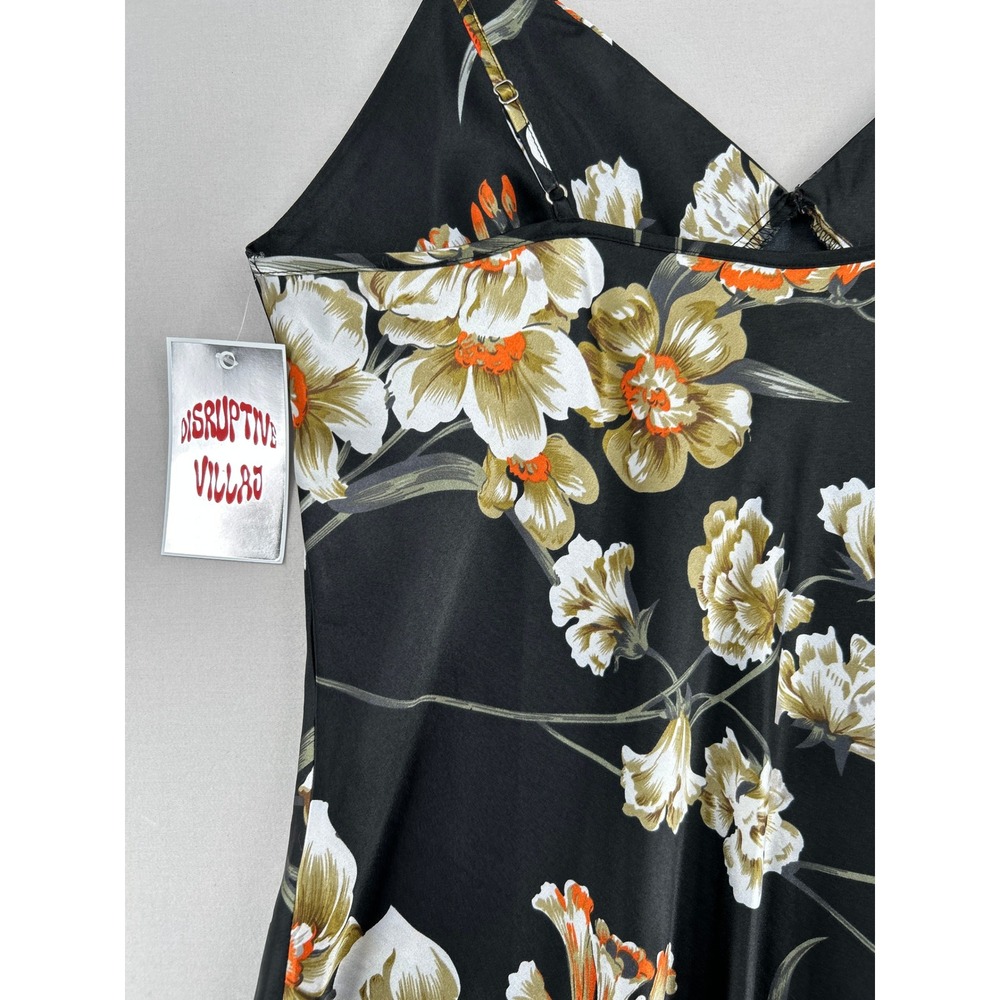 Black Floral Satin Slip Dress V-Neck Adjustable Straps Womens Medium - Picture 13 of 16